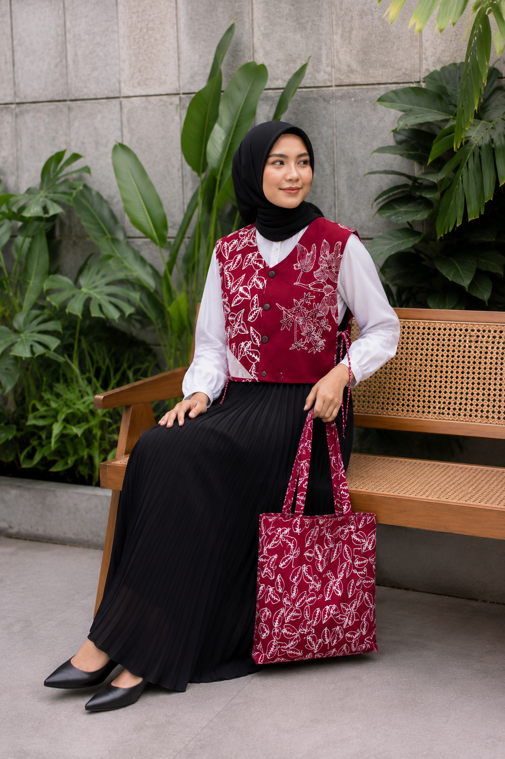 Model mengenakan vest batik merah Chilomita